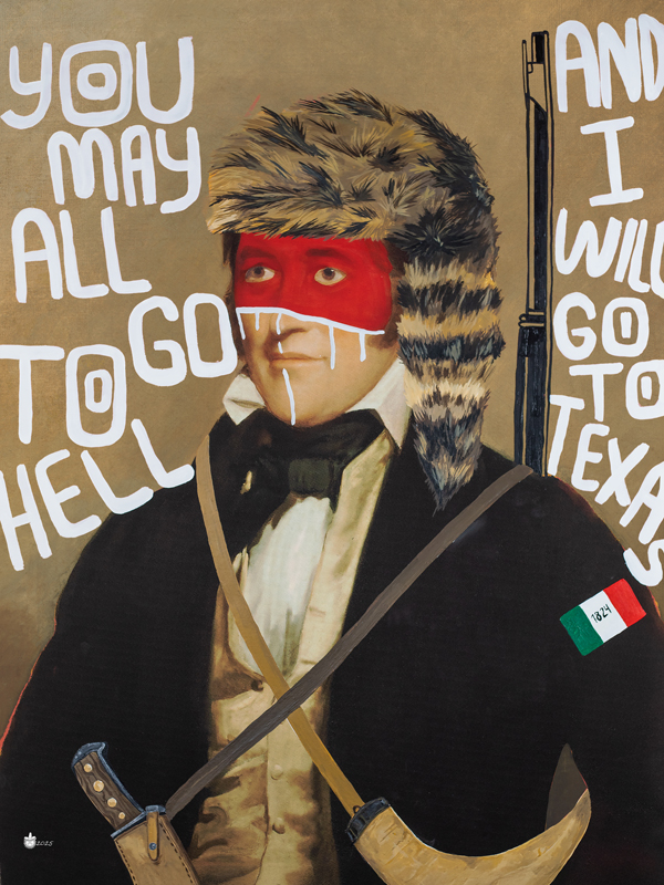 David Crockett reimagined in a coonskin cap with red face paint and a rifle, by Lee Beach