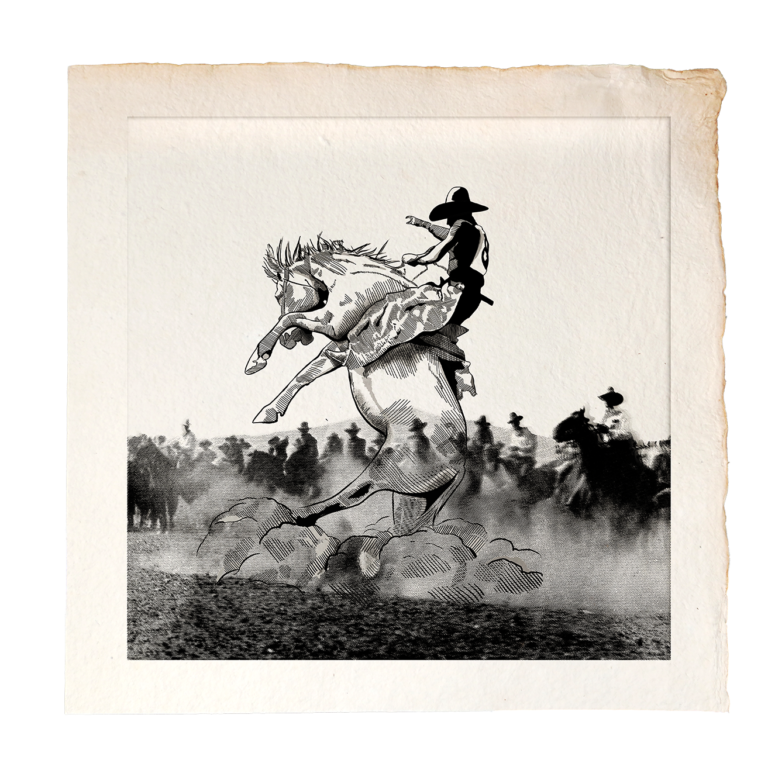 Judged by His Own — photogravure of a bronc rider before a watching crowd by Lee Beach