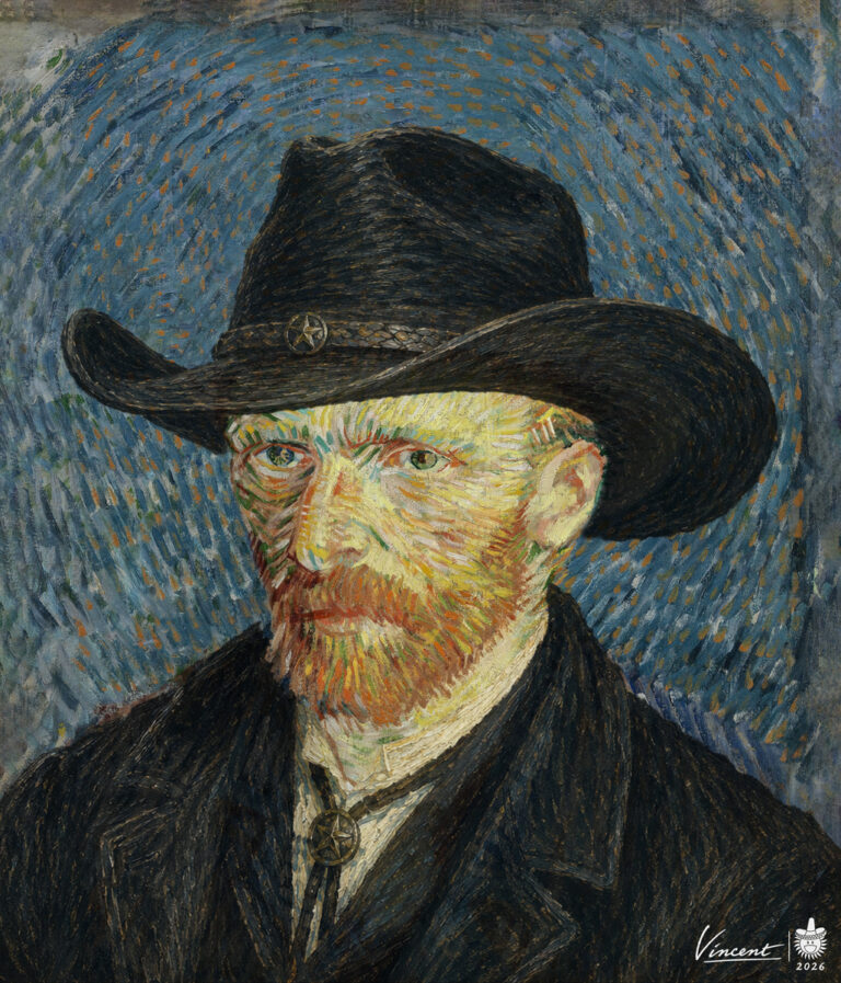 One Ear in Dodge — Van Gogh in a black cowboy hat, after his 1889 Self-Portrait, by Lee Beach