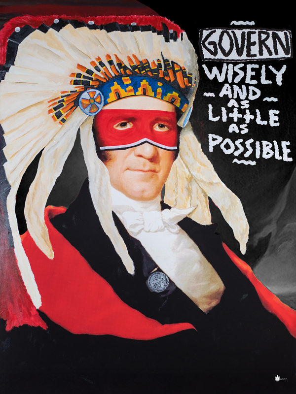 Sam Houston reimagined in a feathered war bonnet with a red mask, by Lee Beach