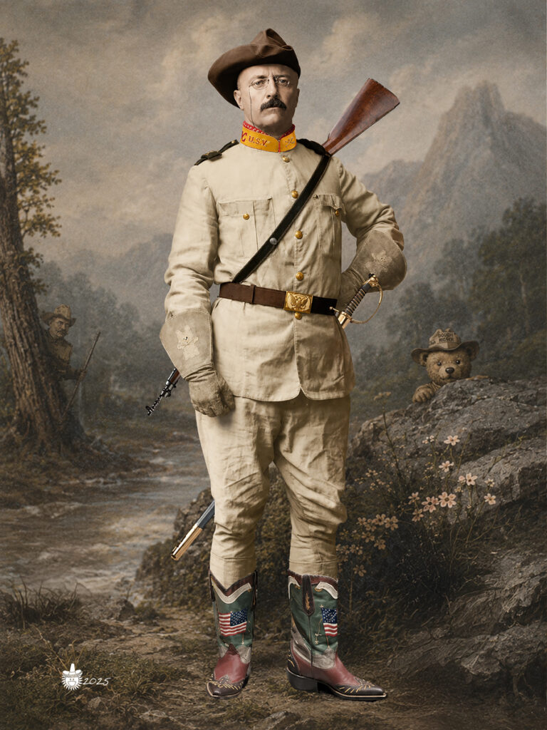 Teddy Roosevelt (The Original Teddy Bear) — lenticular portrait of Theodore Roosevelt in Rough Rider uniform by Lee Beach