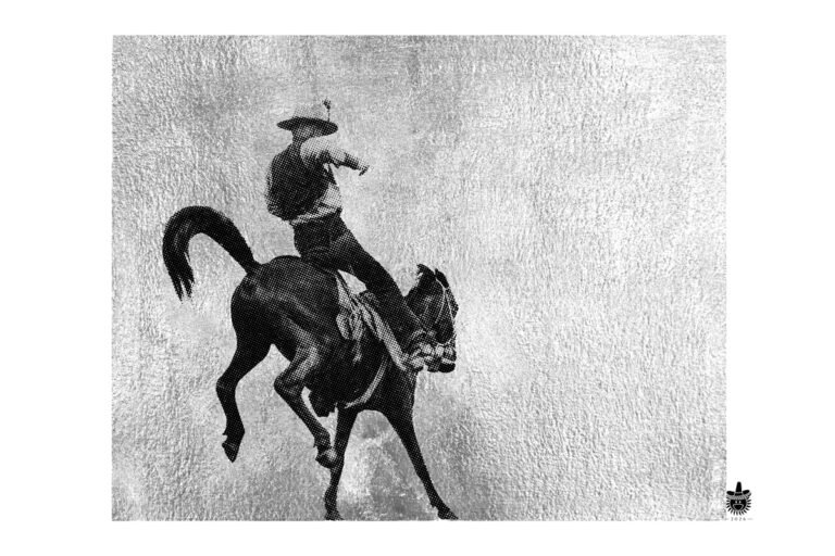 The Last Kick I, No Easy Ride — silver-leaf bronc rider by Lee Beach