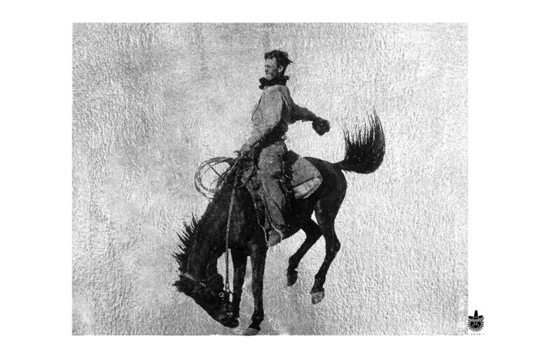 The Last Kick II, Holding On — silver-leaf bronc rider by Lee Beach