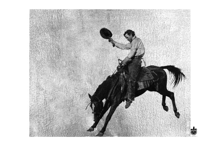 The Last Kick III, Hat in Hand — silver-leaf bronc rider raising his hat by Lee Beach