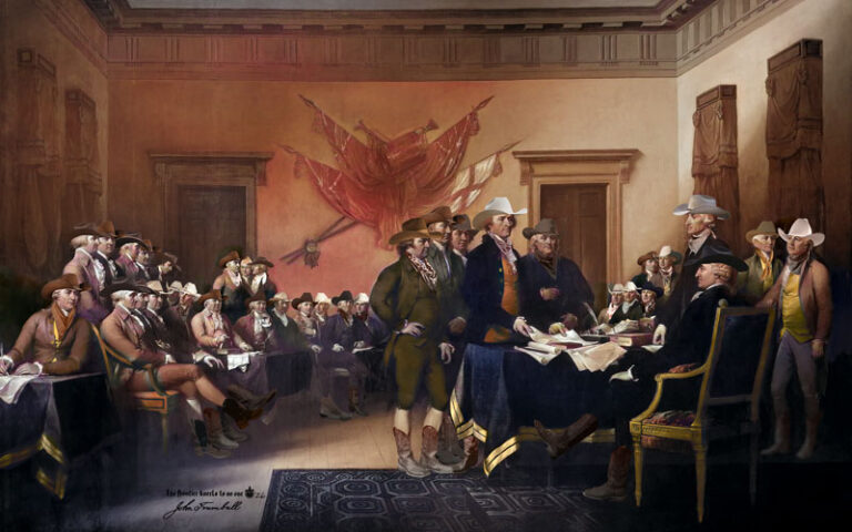 The signing of the Declaration of Independence reimagined as frontier riders, after Trumbull, by Lee Beach