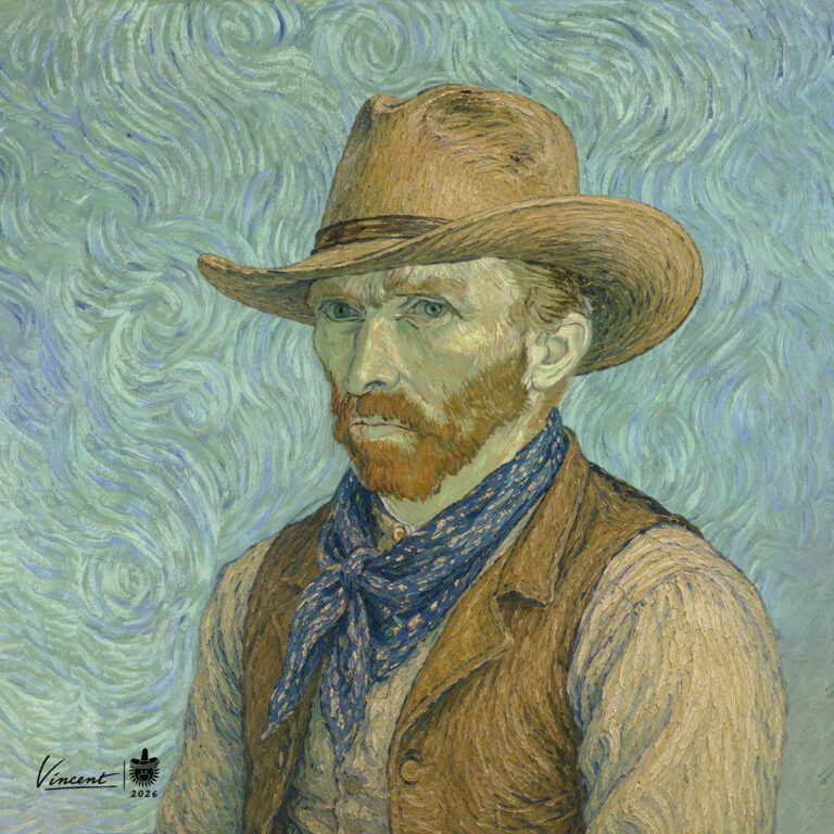 Vincent Goes West — Van Gogh in a straw hat against a swirling sky, after his 1889 Self-Portrait, by Lee Beach