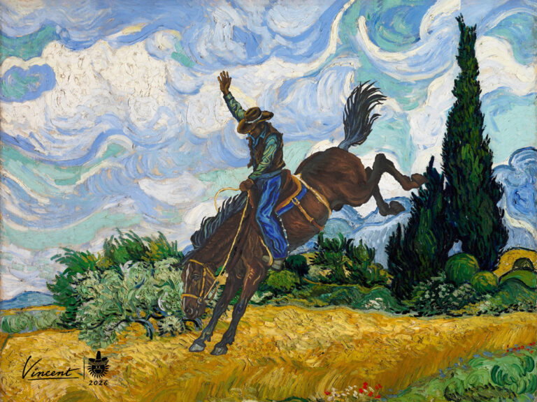 When Vincent Rode West — a cowboy on a bronc in a wheat field, after Wheat Field with Cypresses, by Lee Beach