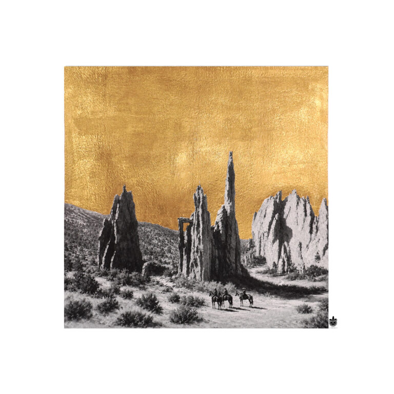 Where Giants Stand — gold-leaf view of the Cathedral Spires, Garden of the Gods, by Lee Beach